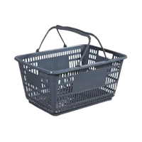 a grey plastic shopping basket on a black background