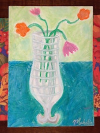 a painting of flowers in a vase on a table