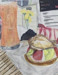 a painting of a sandwich and drink on a table