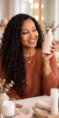 a woman with curly hair holding a bottle of lotion