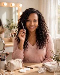 Woman holding Mary Kay Waterproof Eyeliner in Steely at a vanity