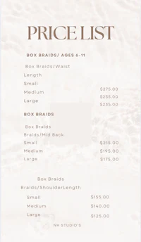 the price list for the box braids