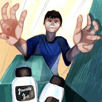 a drawing of a boy with his hands out in front of a box
