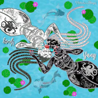 two mermaids in a pond with fish and octopus
