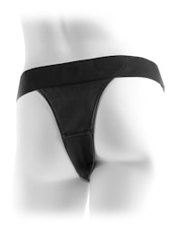 the back view of a mannequin wearing a black thong