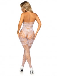 the back view of a woman in a white fishnet bodystocking