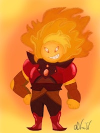 a drawing of a character with flames on his face