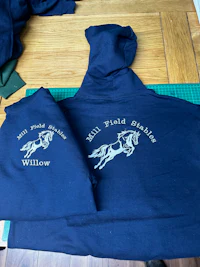 a blue hoodie and a white hoodie on a table