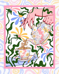 a drawing of a hand pouring tea into a cup