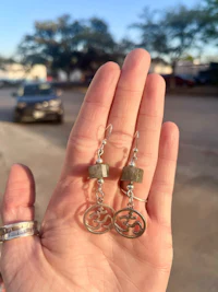 a person holding a pair of labradorite dangle earrings