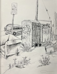 a drawing of a couch and a trash can