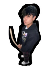 a young man holding a stick in front of a black background