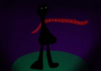 a black man with a red scarf standing on a green field