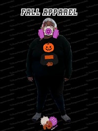 a woman wearing a black sweater with a pumpkin on it
