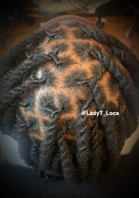 the back of a woman's hair with dreadlocks