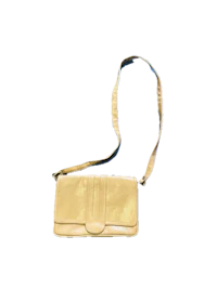 a yellow leather purse on a black background