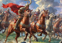 a painting of a group of men riding horses