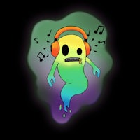 a cartoon ghost with headphones and music notes