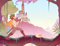 a cartoon of a man walking through a forest with a castle in the background