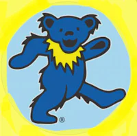 a blue teddy bear is running in a yellow circle