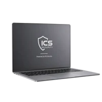 a laptop with the ics security logo on it