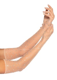 a woman wearing a pair of fishnet gloves