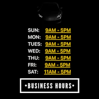 a black and white image of a car with the words business hours