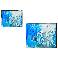 two paintings of a mermaid with blue hair on a black background