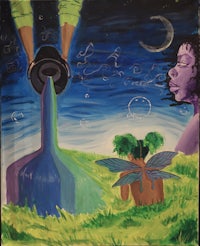 a painting of a woman drinking water from a bottle