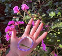 a hand holding a purple bracelet in front of flowers