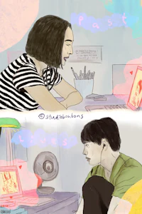 two drawings of a man and a woman sitting in front of a laptop