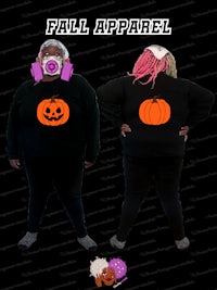 a woman wearing a black sweatshirt with a pumpkin on it