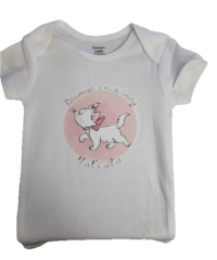 a white baby bodysuit with a cat on it