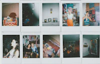 a group of polaroid photos of people in a room