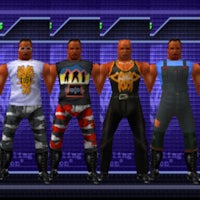 four wrestlers standing in front of a purple screen