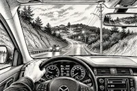 a drawing of a person driving a car
