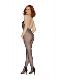 a woman in a fishnet bodystocking