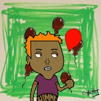 a cartoon drawing of a boy holding balloons