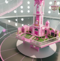 a 3d model of a pink dollhouse with a clock tower