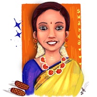 a drawing of an indian woman wearing a sari