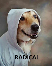 a dog wearing a hoodie with the word radical