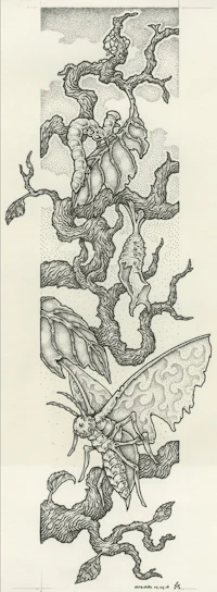a drawing of a moth on a branch