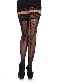 the back view of a woman wearing black lace thigh high stockings