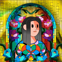 a stained glass image of a girl with long hair