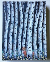a painting of a fox in a birch forest