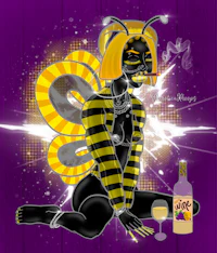 an image of a woman with a bee tattoo and a bottle of wine