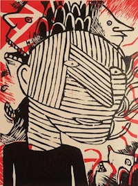 a black and white drawing of a man with a bird on his head