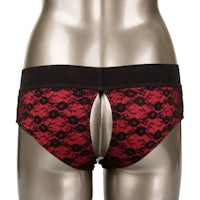 a mannequin wearing a red and black lace panty