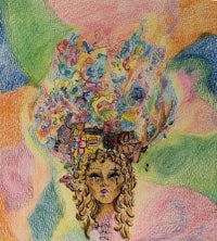 a drawing of a woman with a colorful head