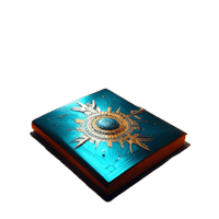 a blue book with a golden sun on it